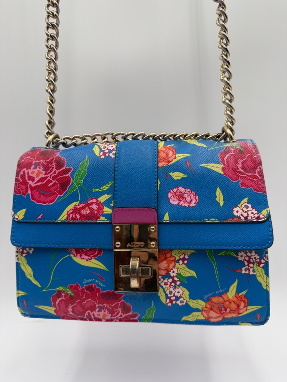 ALDO Blue Pink Floral crossbody Bag with adjustable strap Gold Chain